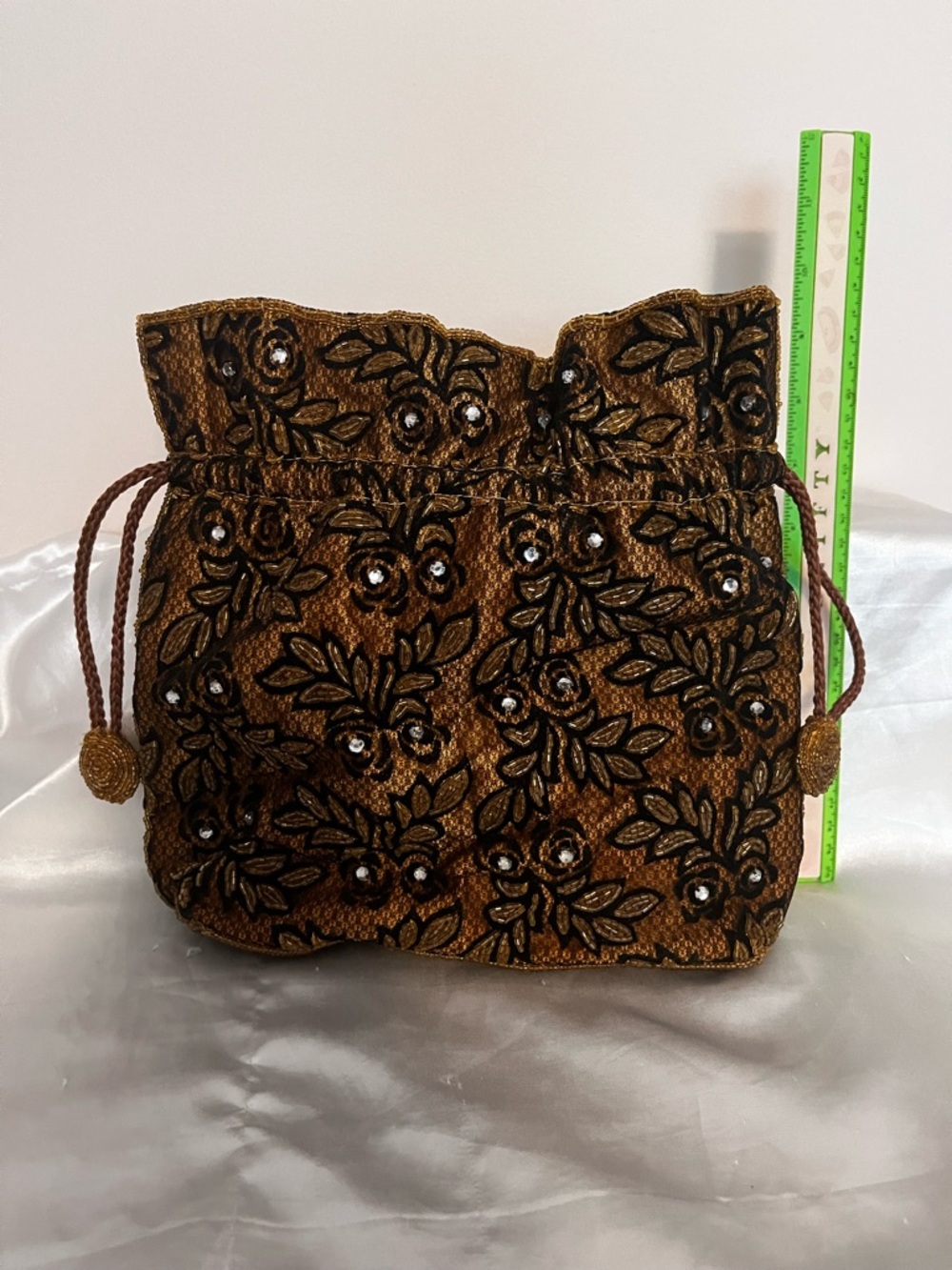 Embroidered Brown Drawstring Mini Bag with Bead Accents